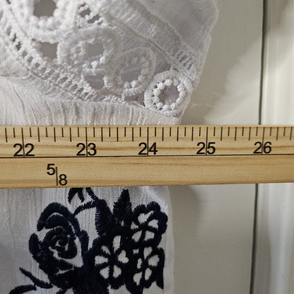Como Blouse Black White Navy Embroidered Floral Boho Crochet Sleeve XL Loose - Picture 12 of 14